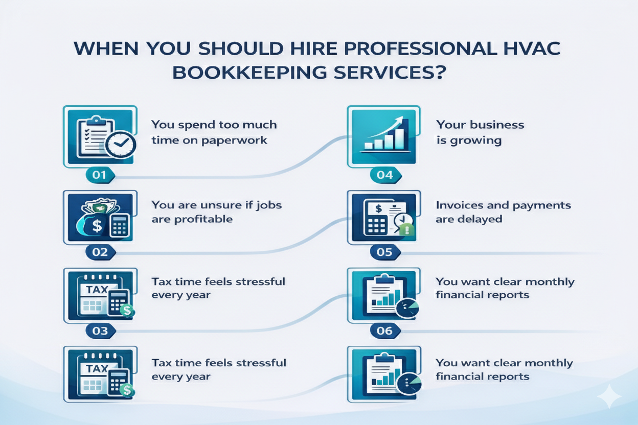 HVAC bookkeeping services infographic showing signs contractors need professional accounting support in the USA